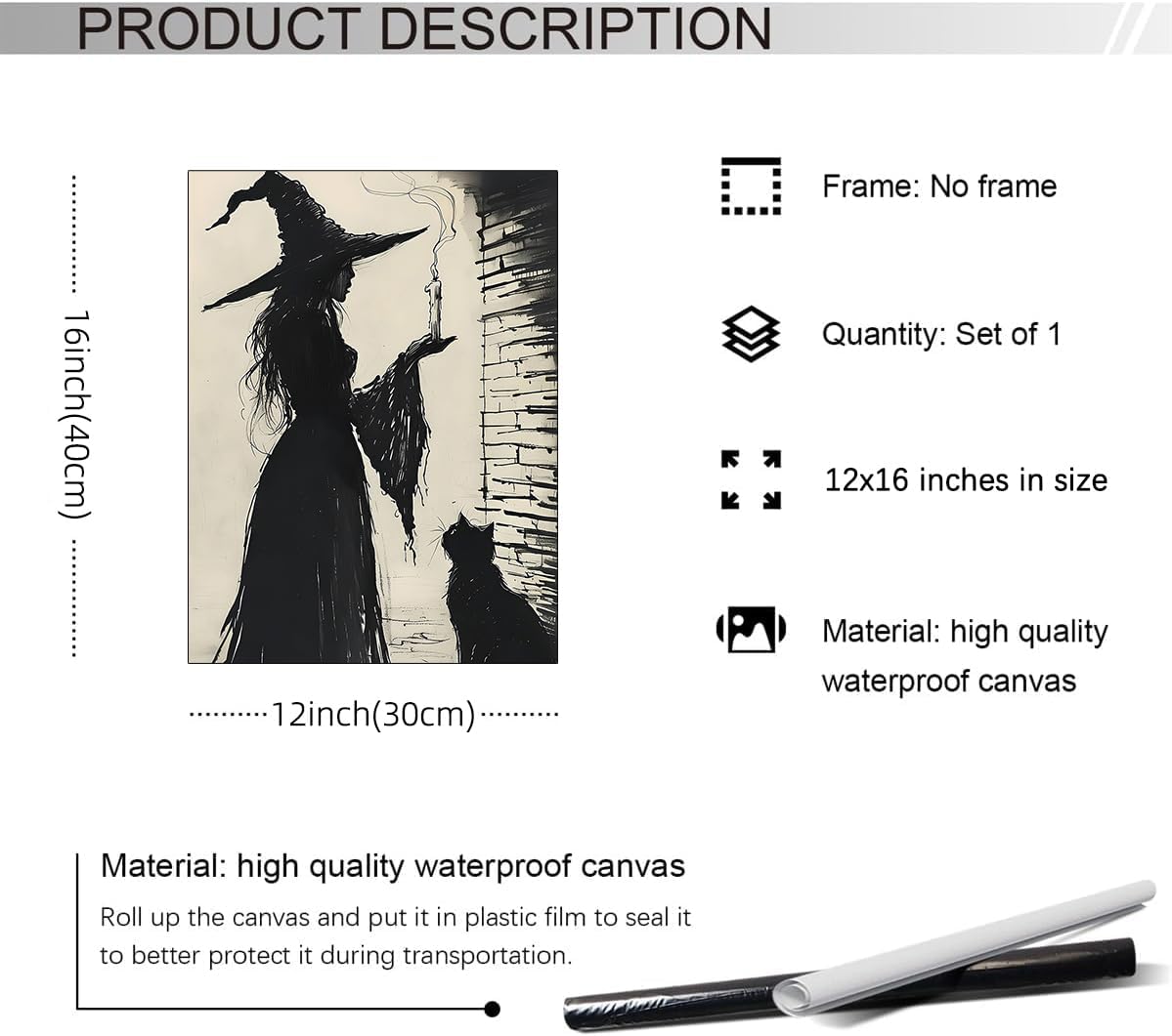 Halloween Canvas Wall Art Witch and Black Cat Posters Gothic Candle Haunted Witchcore Pictures Vintage Ink Style Prints for Dark Academia Halloween Party House Decor 12x16inch Unframed