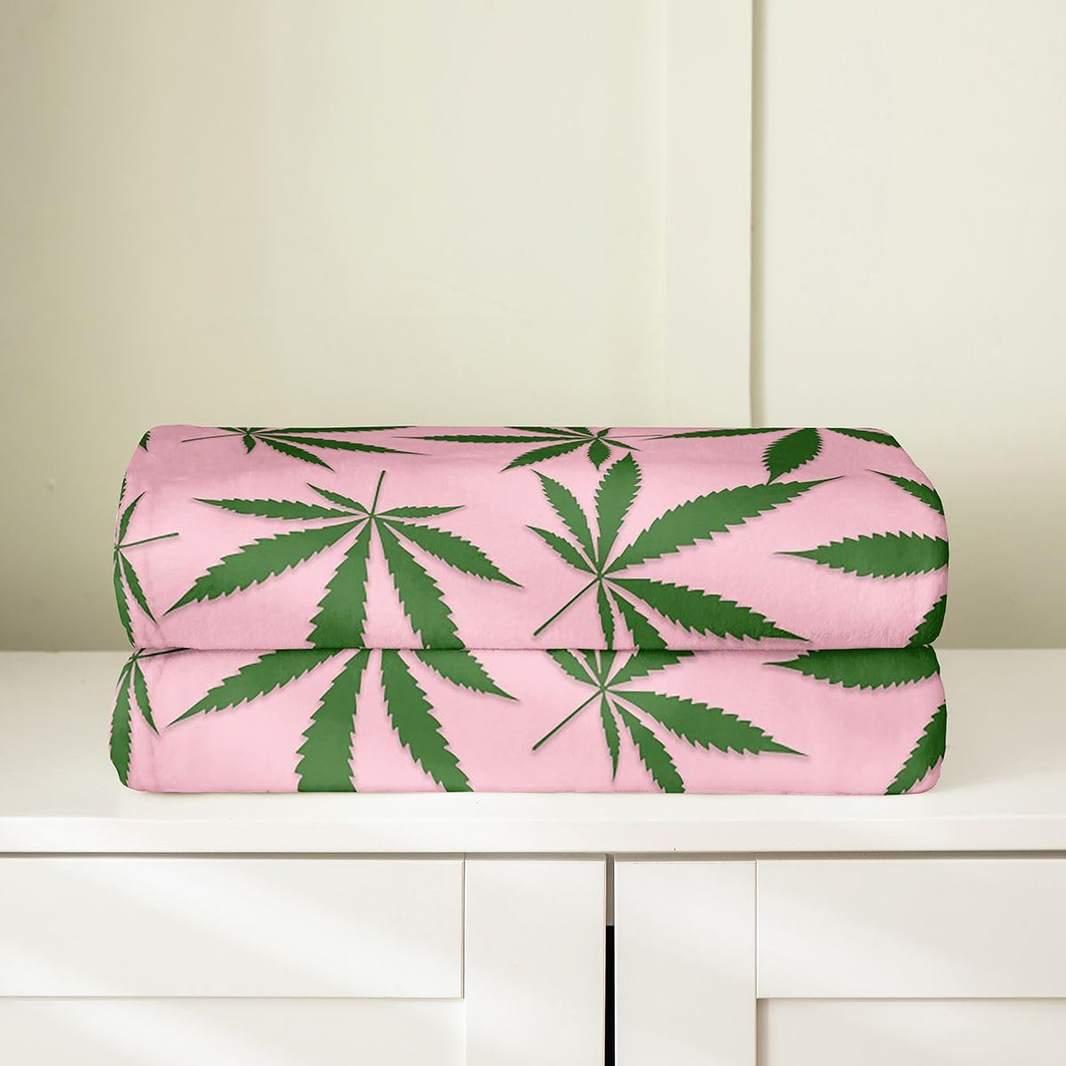 Marijuana Leaf Fleece Throw Blanket for Bed Sofa Couch,Cannabis Leaves Flannel Fuzzy Blanket All Season Green Plants Hemp Bed Blanket,Pink Marijuana Weed Leaf Room Decor Plush Blanket Queen 90"x90"