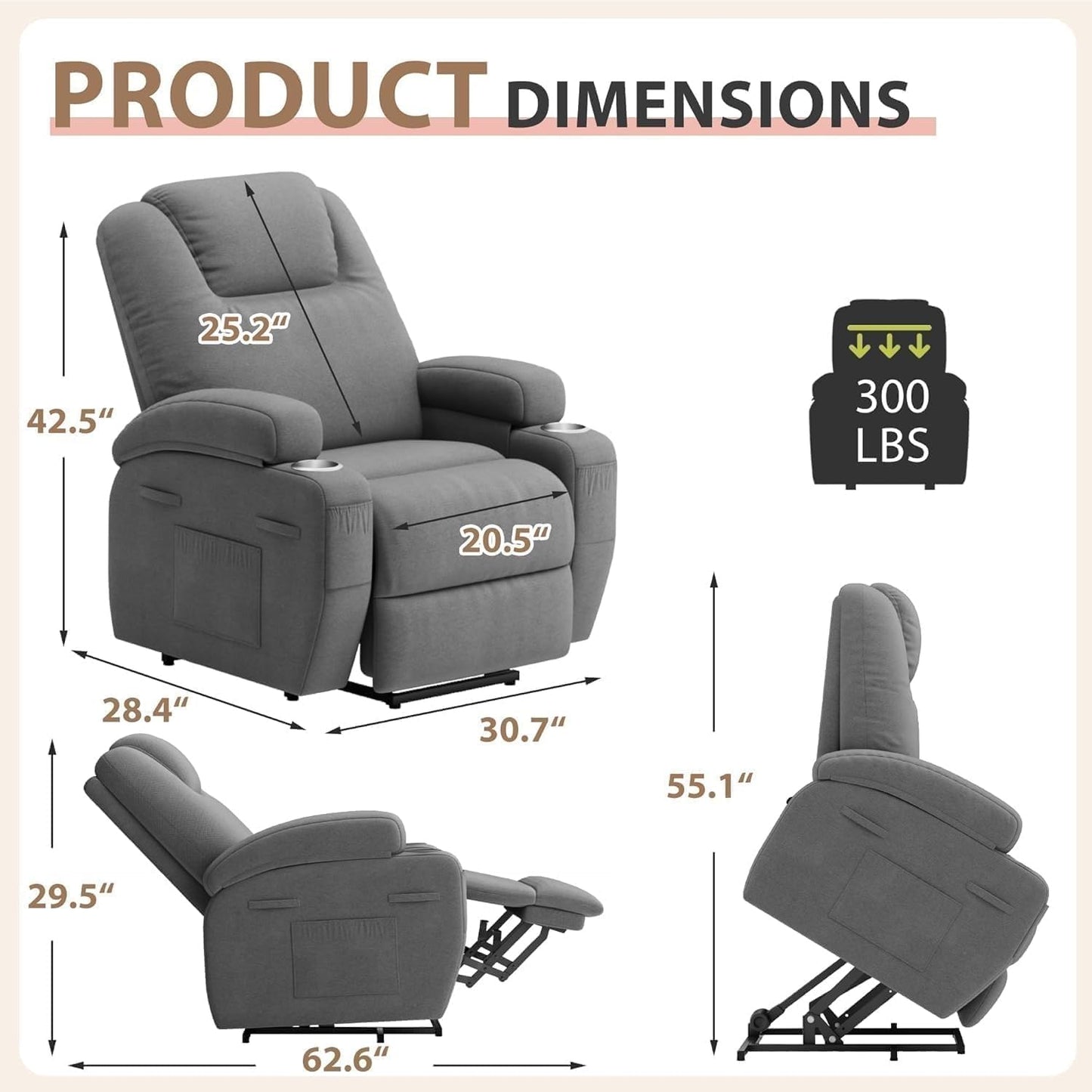 Elderly Ergonomic Power Lift Chair with Cup Holders Side Pockets Remote Control Massage Recliner Chairs for Living Room Bedroom Home Furniture