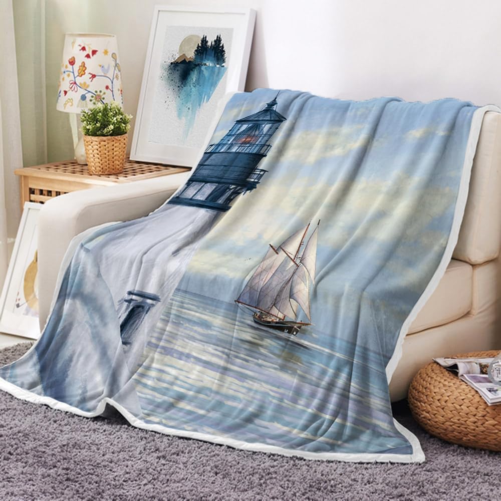 Coastal Lighthouse Throw Blankets, Sunrise Blue Ocean Warm Cozy Flannel Blanket, Sailboat Nautical Blanket for Sofa Camping Couch Bed Travel 50X60 inch