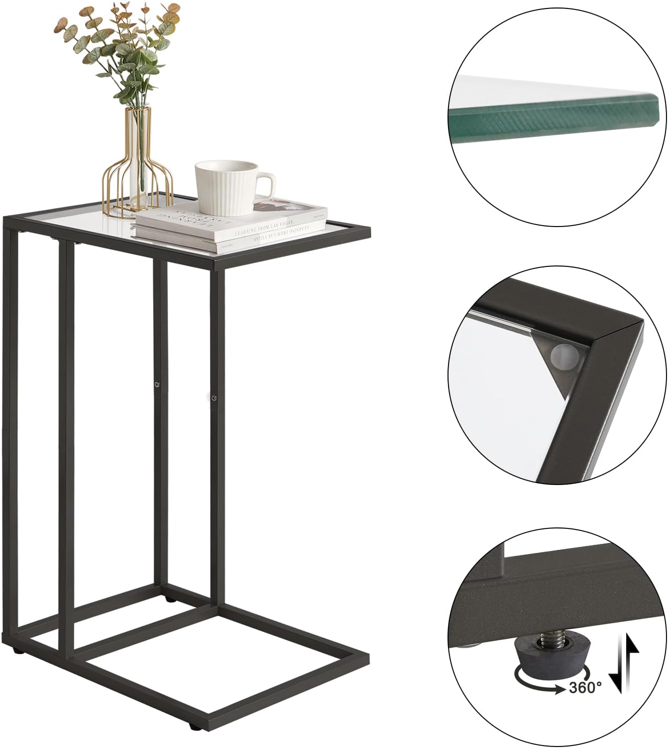 YMYNY C-Shaped End Table, Tempered Glass Sofa Side Table, TV Tray CouchTable That Slide Under for Small Space, Coffee Table for Hallway Office Bedroom Living Room, Metal Frame, Black, UHGD001B