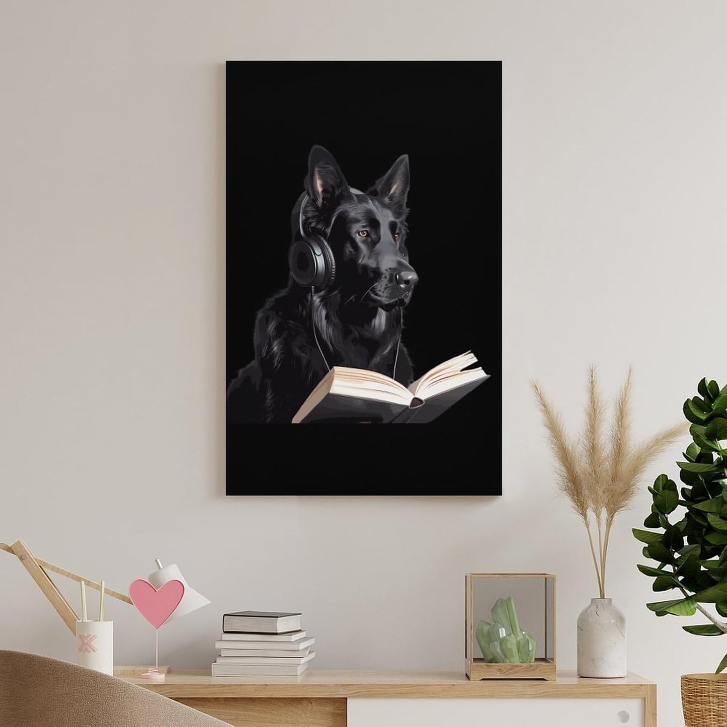 German Shepherd Wearing Headphones Reading Canvas Wall Art Print Artwork Picture Hanging Painting Modern Home Living Room Decor