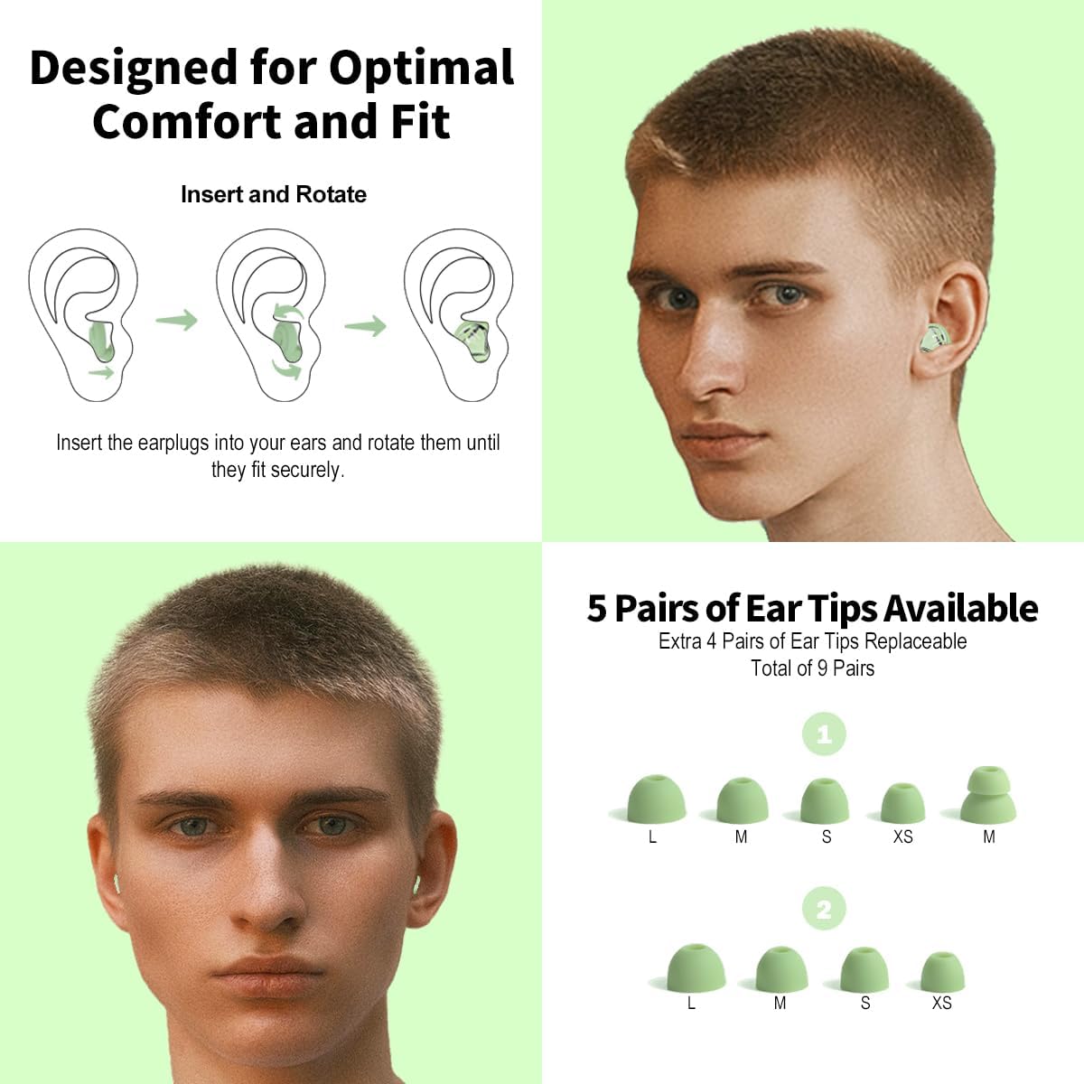 Ear Plugs for Sleeping Ultra-Soft Silicone Earplugs for Noise Cancelling Concerts Reusable Noise Reduction Earbuds for Travel Focus Work 33dB Hearing Protection with 9 Ear Tips & Case (Green)