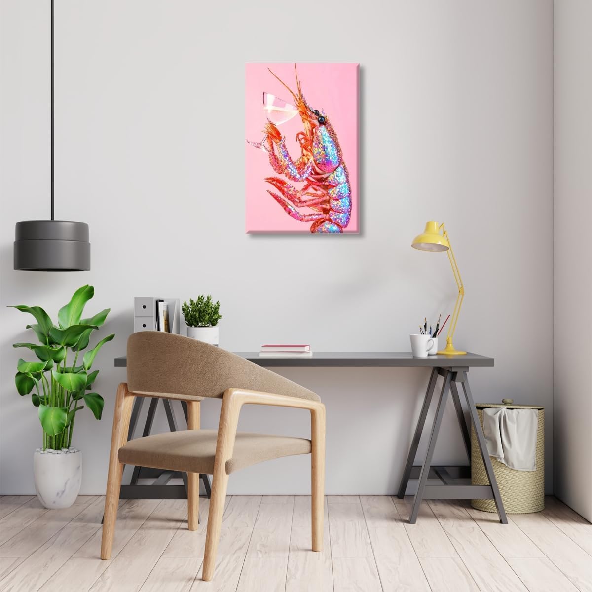 Psychedelic Pink Lobster Cocktail Wall Art Funny Crayfish Martini Poster Trippy Coastal Beach Aesthetic Canvas Prints Colorful Shrimp Picture Funky Seafood Decor for Kitchen Bar 16x24inch Unframed