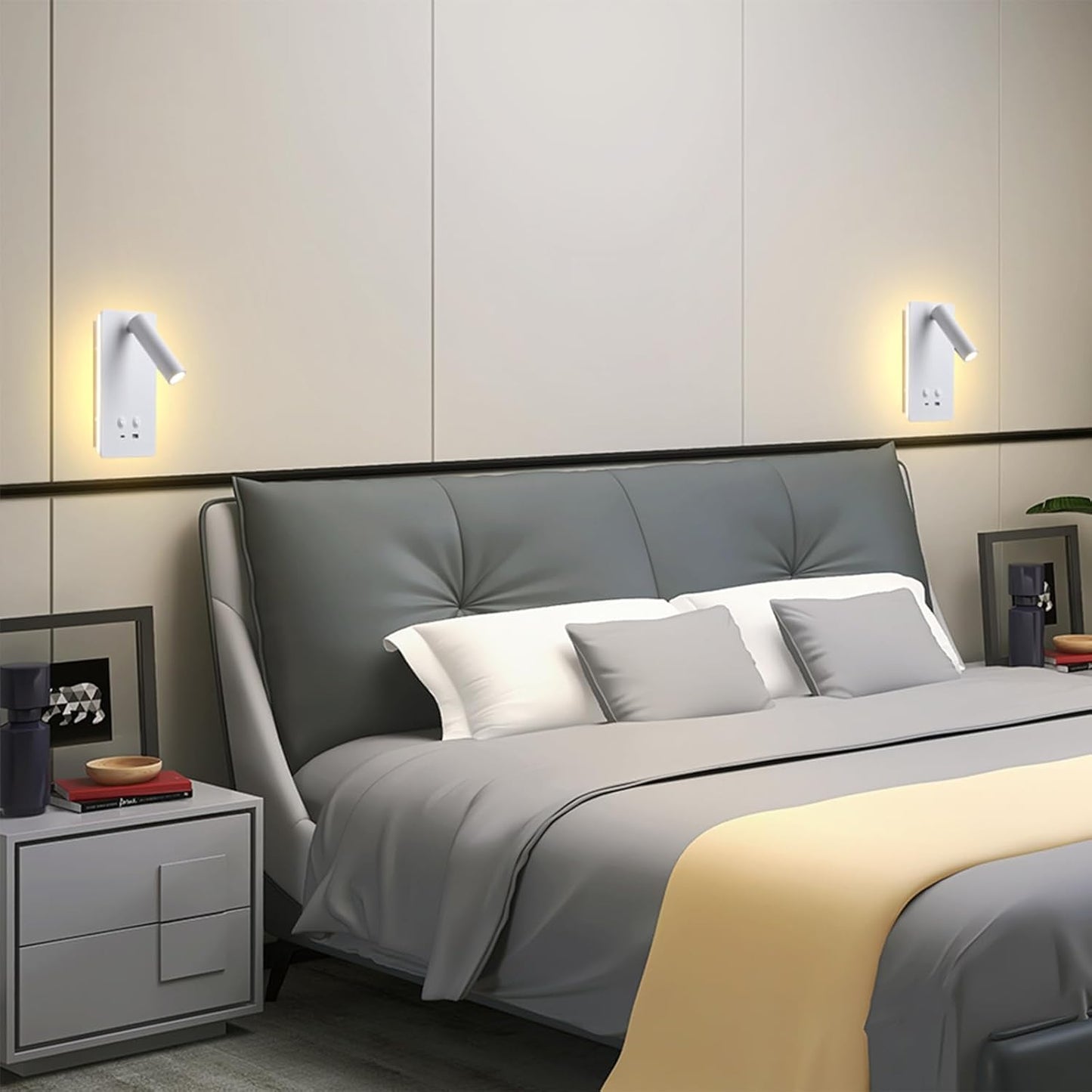 MOLUOLA LED Wall Lamp Wall Mounted Reading Lights, Adjustable Headboard Plug in Wall Sconce with USB C+A Ports, Headboard Bedside Lamp with 9W+3W Night Light 3000K (White)