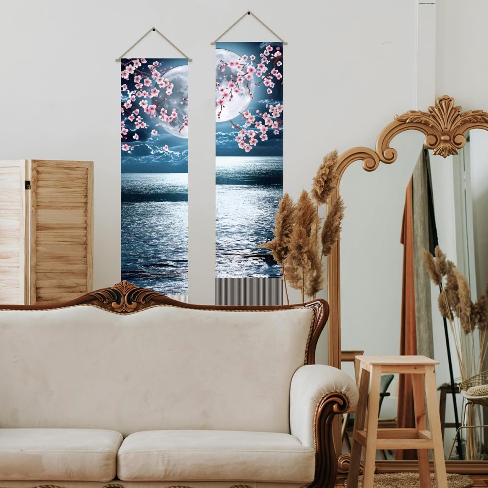 AHANDMAKER 2Pcs Japanese Anime Scenery Tapestry, Ocean Moon Cherry Blossom Vertical Wall Hanging, Tassel Wall Aesthetic Tapestry for the Living Room, Wall Decor Entry(45.7x13 Inch)