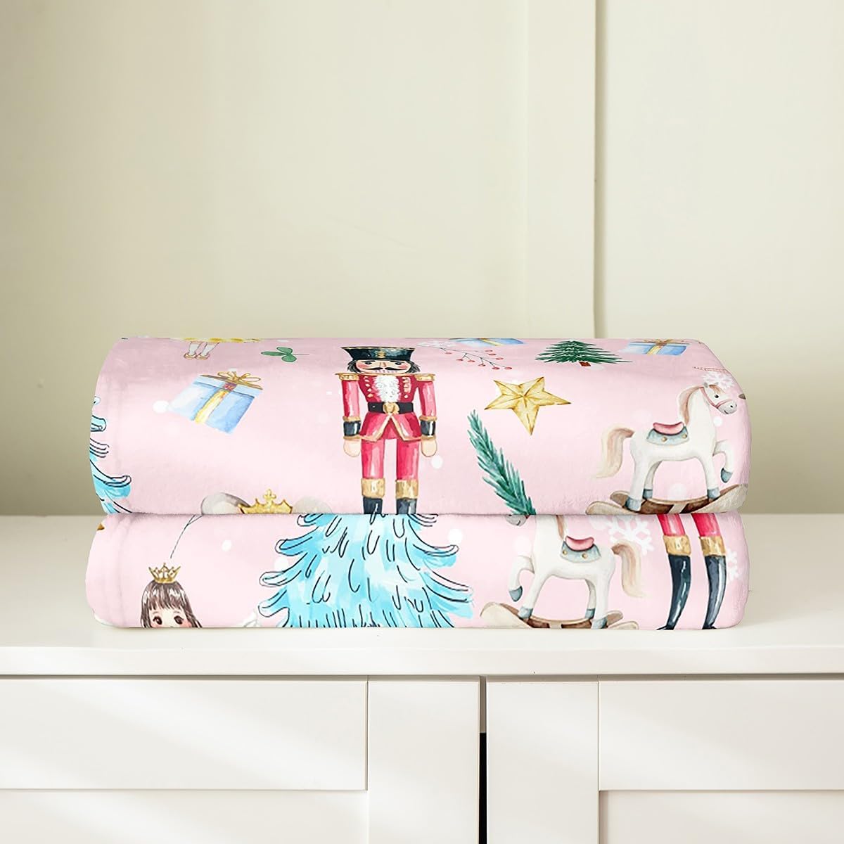 Erosebridal Pink Christmas Flannel Blanket Queen 90x90 Kids Christmas Nutcracker Fleece Blanket Dreamy Ballet Girl Princess Fuzzy Plush Throw Carousel Xmas Tree Decor Xmas Reversible