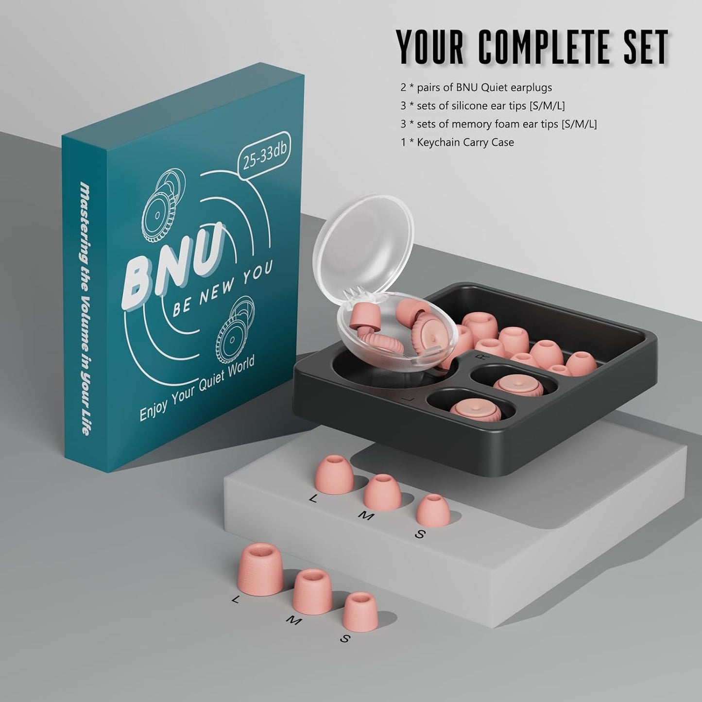BNU Ear Plugs for Concerts, 2 Pairs 25-35dB Noise Cancelling Earplugs for Work, Motorcycle Reusable High Fidelity Noise Reduction Ear Plugs with 6 Pair Silicon and Memory Foam Tips in S/M/L, Pink
