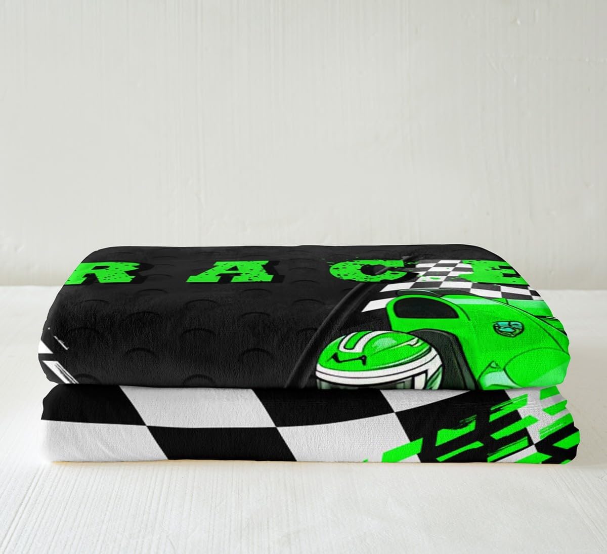 Go Kart Throw Blanket Boys Race Car Blanket,Black and White Checked Plaid Green Drift Kart Fleece Blanket 60"x80",Square Grid Plaid Lattice Bed Blanket Racing Karting Extreme Sport Sofa Decor