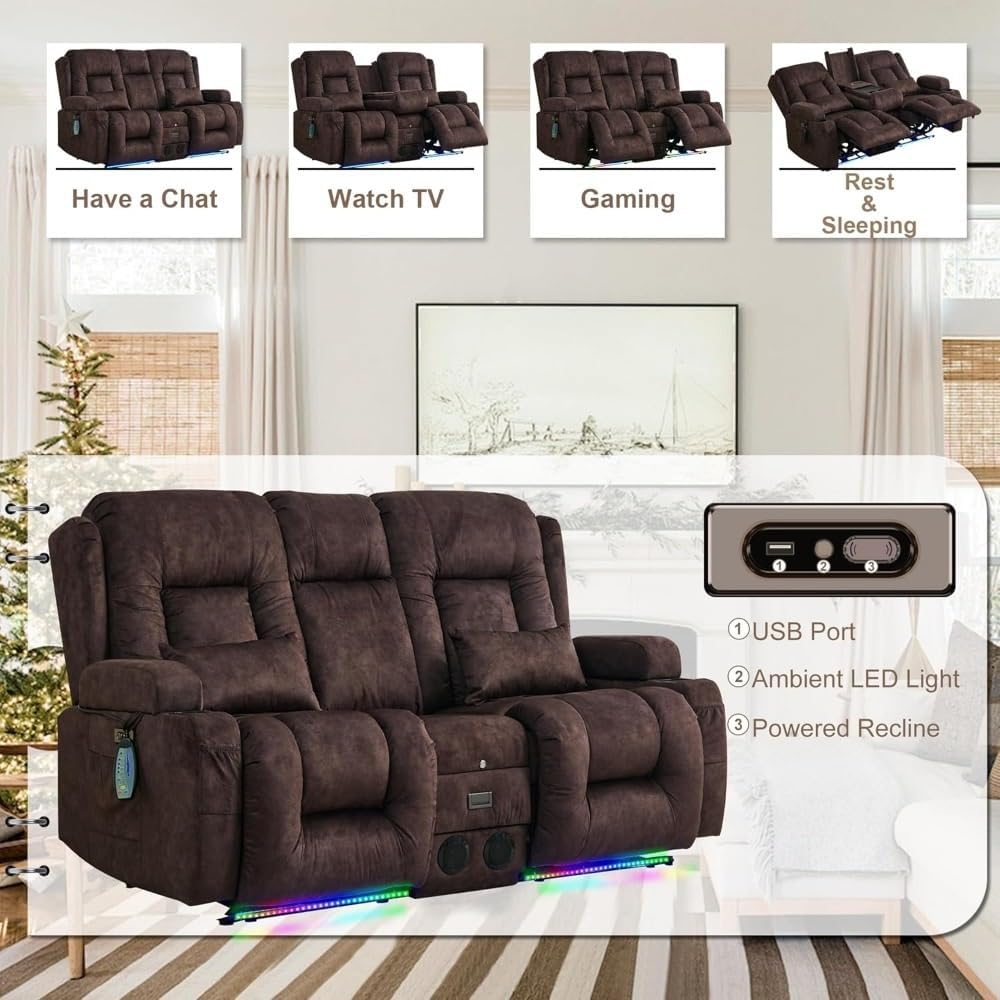 Adults Massage Recliner Chair, Leisure Home Theater Seating Sofa with Massage and Heated, Ergonomic Leisure Chair Classic Loveseat Sofa with LED Lights, Cup Holder, USB Ports