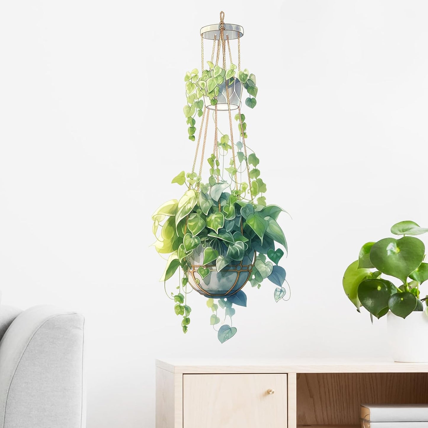 Double-Layer Hanging Basket Wall Stickers for Living Room Verdant Leaves Plant Wall Decal Removable Peel and Stick Wall Art Home Decor Decoration for Bedroom Bathroom Classroom Library Nursery
