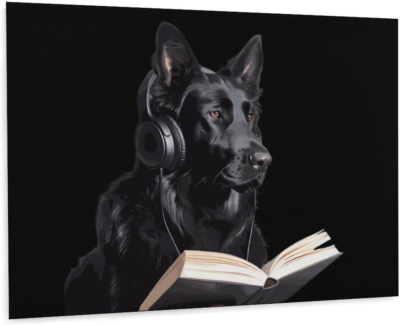 German Shepherd Wearing Headphones Reading Funny Canvas Wall Art Print Artwork Picture Painting for Home Office Decoration 12"x16"