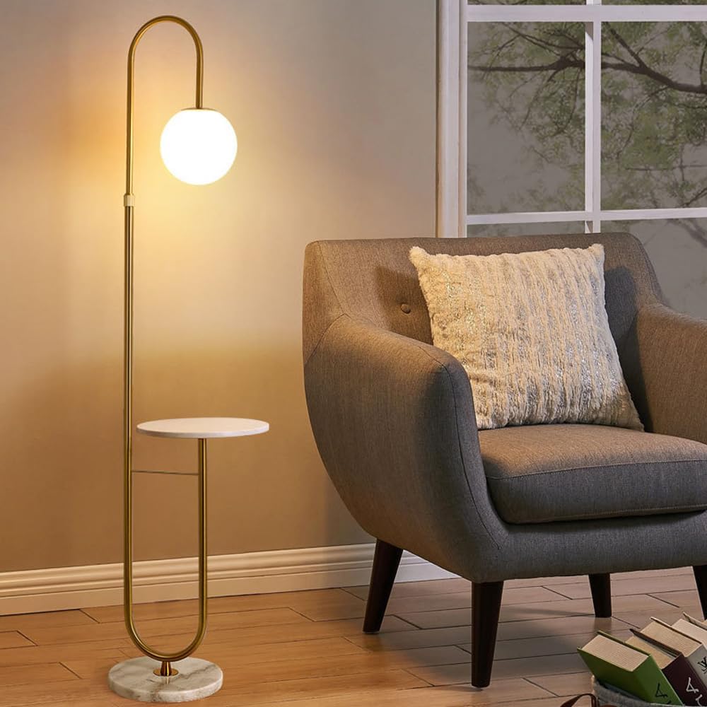 Nordic Height Adjustable Arc Tall Lamp Glass Ball Floor Lamp Marble Base Floor Light with Desktop E26 Three Color Light Dimmer Fixture for Living Room Bedroom Tea Room