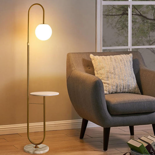 Nordic Height Adjustable Arc Tall Lamp Glass Ball Floor Lamp Marble Base Floor Light with Desktop E26 Three Color Light Dimmer Fixture for Living Room Bedroom Tea Room