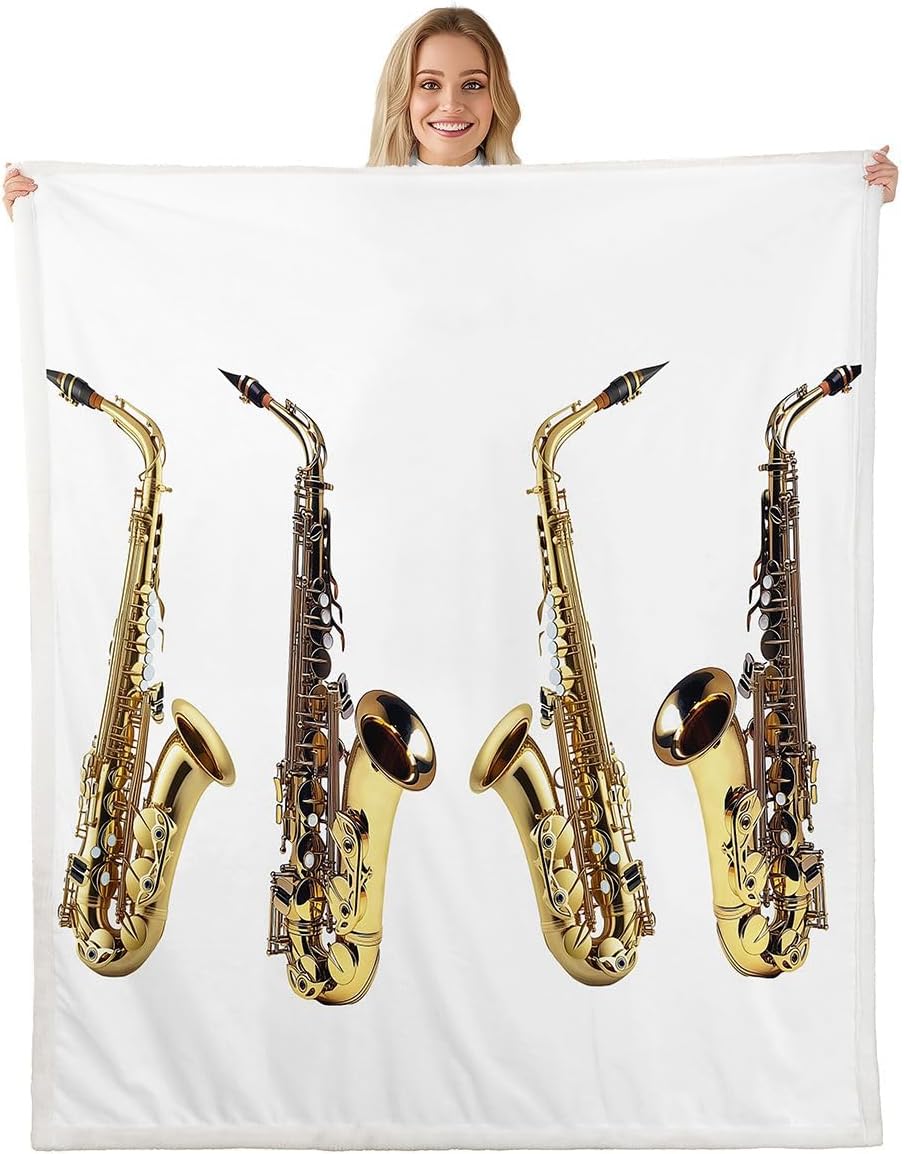 Feelyou Saxophone Print Fleece Sherpa Blanket Jazz Music Themed Throw Blanket for Chair Sofa Couch Adult Musical Pattern Plush Blanket Electric Sax Instruments Print Room Decor Blanket Twin 60"x80"