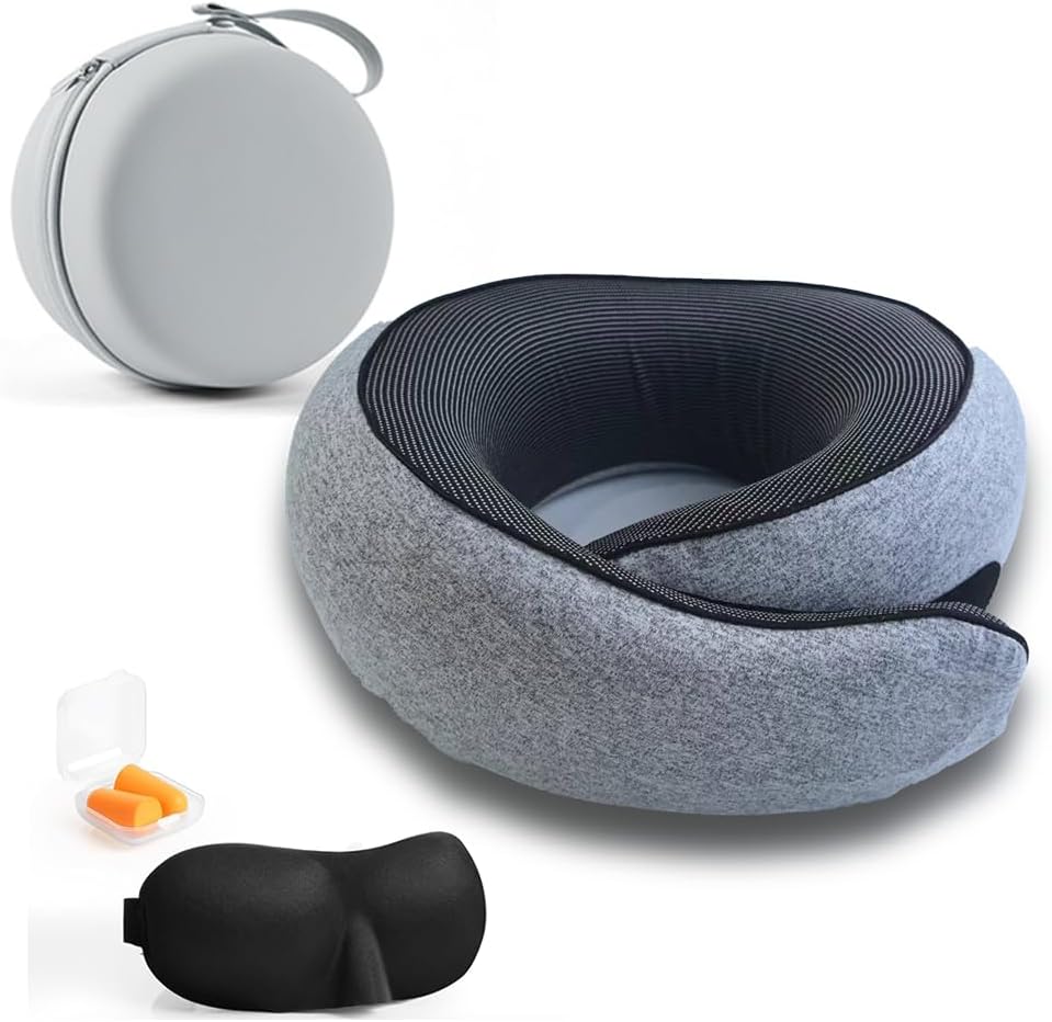 Travel Neck Pillow with Memory Foam & Chin Support – Includes Cute Macaron EVA Water-Resistant Carry Case, Eye Mask & Ear Plugs (Light Grey)