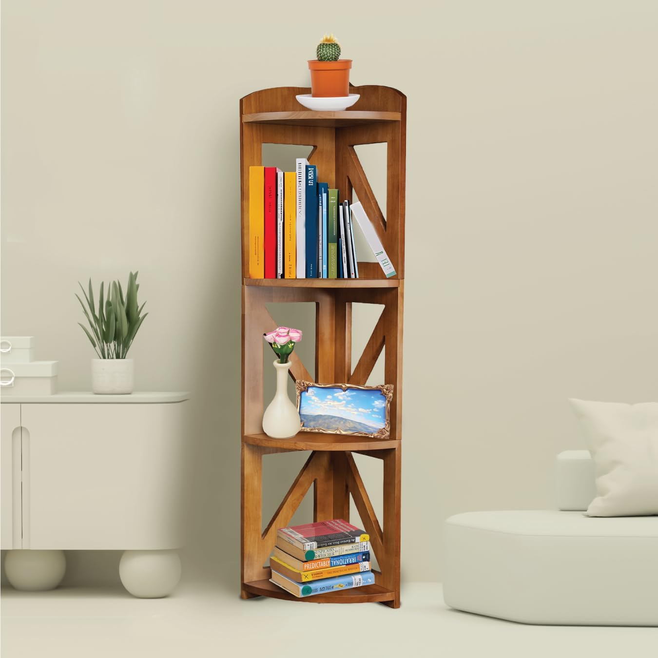 Corner Shelf Stand, Corner Bookshelf, Small Corner Shelves by Natural Wood, Plant Stand, Corner Bookcase for Living Room, Home Office, Bedroom, (White, 3 Tier) (Brown, 4 Tier)