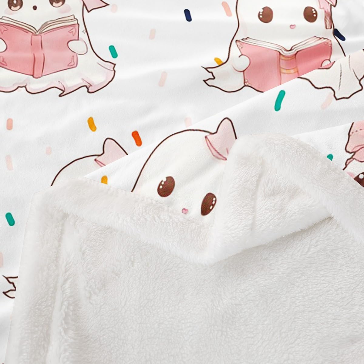 Kawaii Ghosts Throw Blanket Halloween Pink Bowknot Books Ghosts Bed Blanket for Kids Girl Room Decor, Reading Ghost Blanket for Couch Sofa, Soft and Breathable Fleece Blanket(60 x 80 Inches)