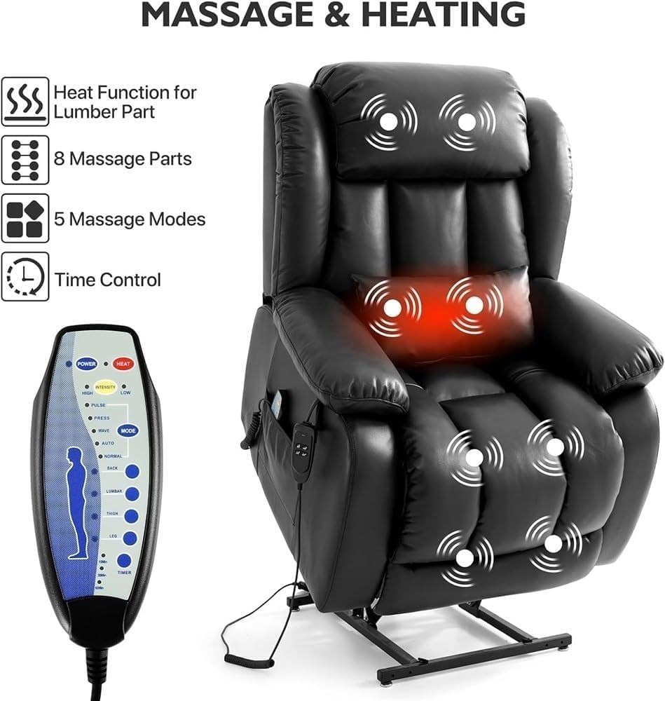 Extra Large Power Lift Recliner Chair Infinite Position Lay Flat Dual Motor Electric Sofa with Heated Massage Leather Recliners Chairs for Living Room Meeting