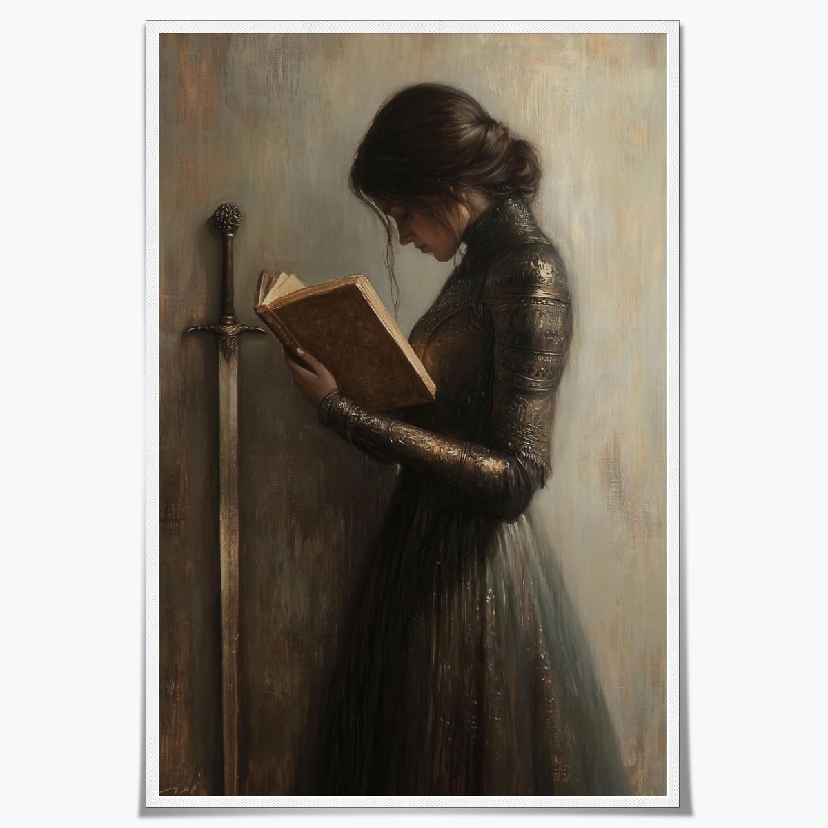 Dark Academia Wall Art Victorian Woman Knight Reading Book Print Vintage Gothic Library Canvas Art Poster Literary Gift for Book Lovers Study Room Decor Aesthetic 8x12inch Unframed