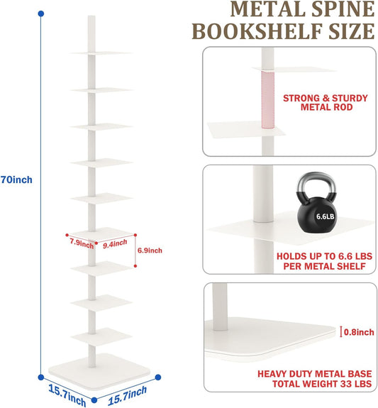 Nynelly 9-Tier Metal Spine Bookshelf - Heavy Duty Vertical Book Tower, White Open Bookcase, Floor Standing Tall Narrow Book Shelf for Small Space Living Room Office Decor, Industrial Book Organizer