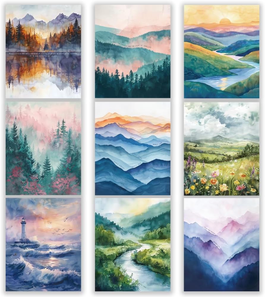CRAFTYMELODY Watercolor Landscape Wall Art Prints Set of 9 Mental Health Poster Wall Decor Therapy Home Artworks for Living Room Bedroom Classroom Office Decoration 8x10 Inch Unframed