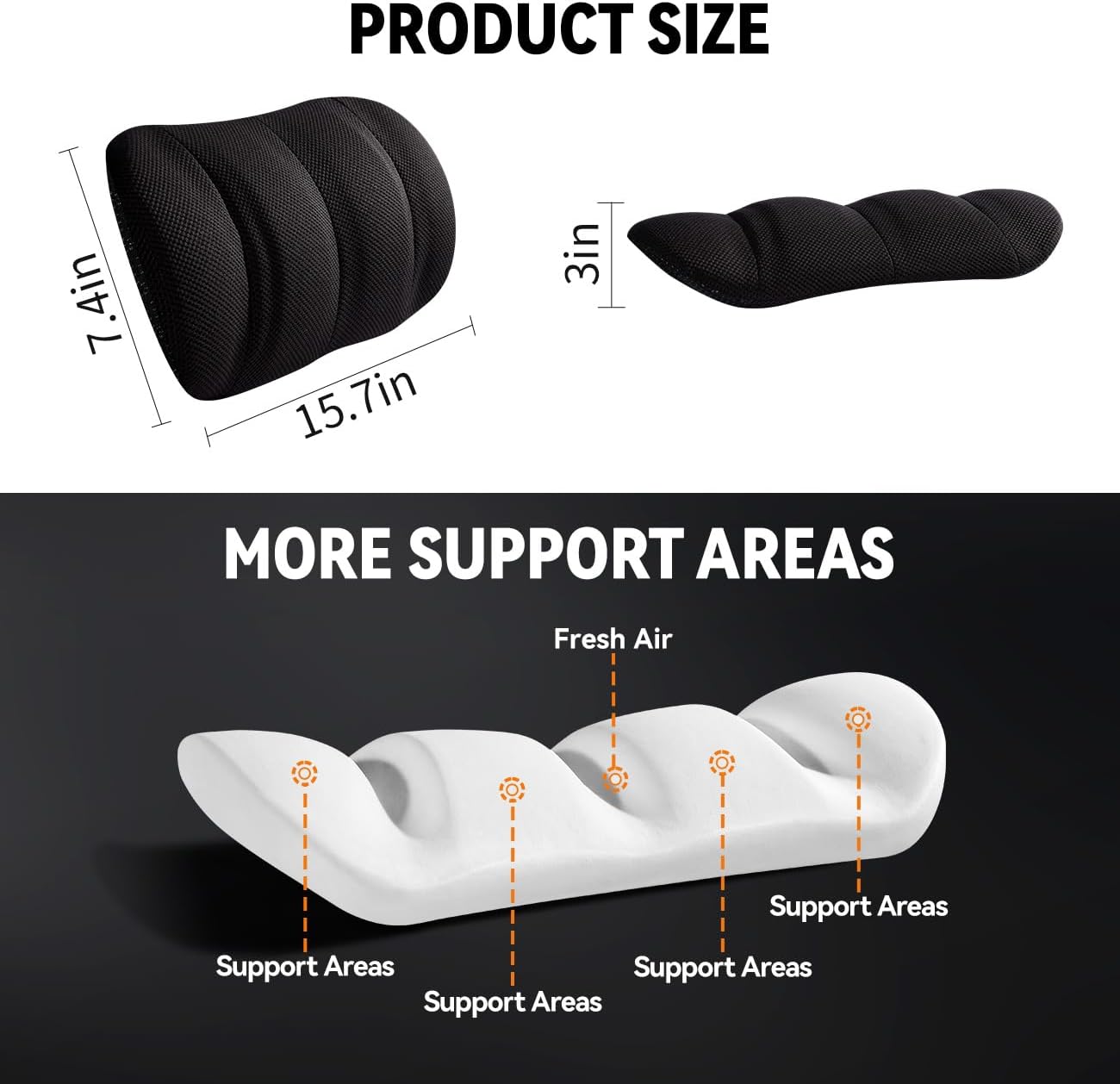 Lumbar Support Pillow for Office Chair & Car,Back Support for Office Chair,Adjustable Straps Securely Fixed Seat (Black)