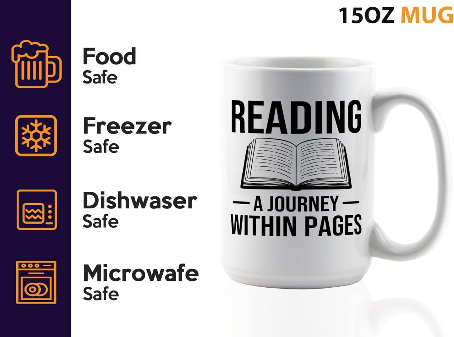 Book Lover Coffee Mug 15oz White -Reading A Journey - Bookworm Literature Library Book Lover Reader Booked Editor Intellectual Studious