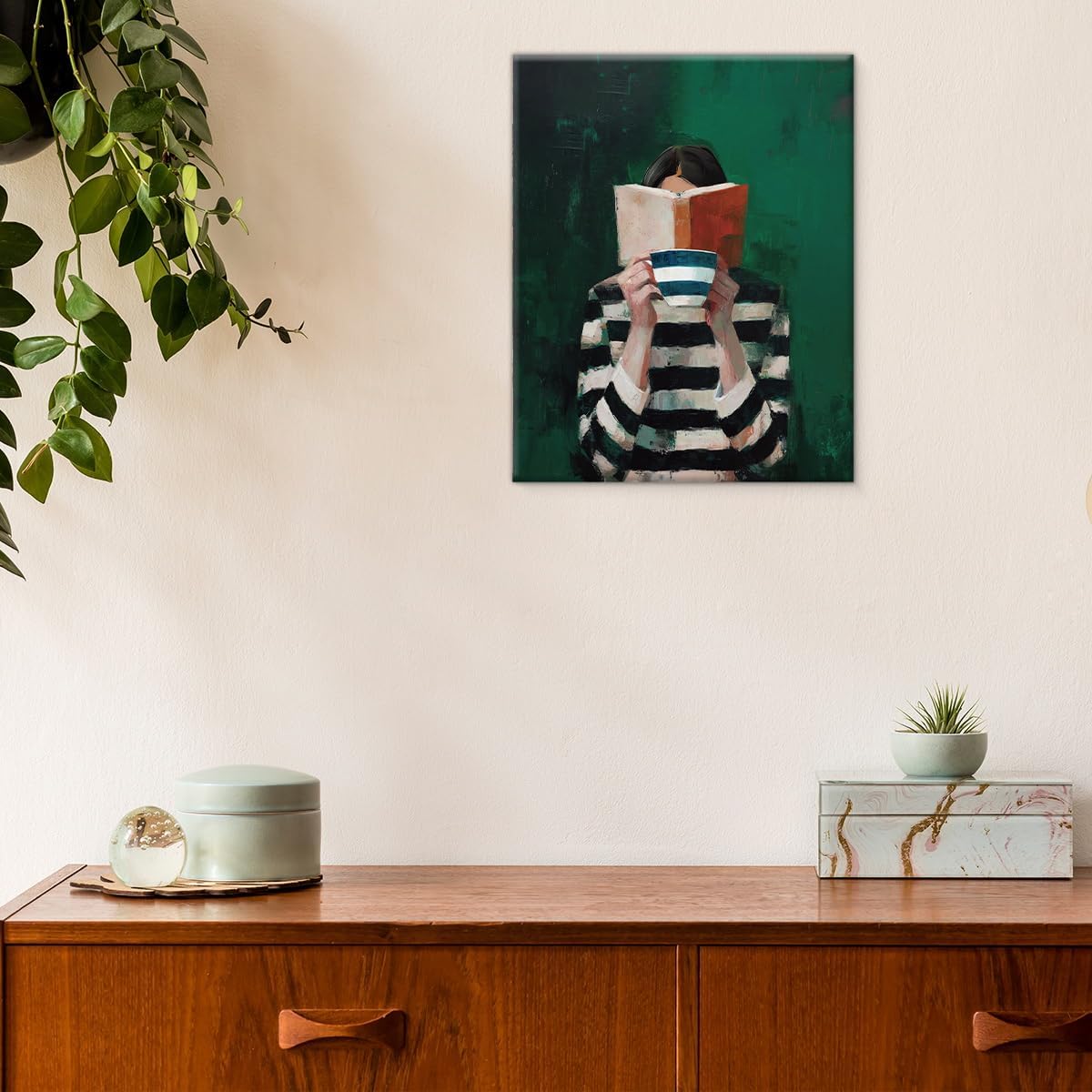 Vintage Reading Woman Canvas Wall Art Print Striped Sweater Girl Picture Painting Artwork Emerald Green Wall Decor for Home Living Room Reading Room 8x10 Framed