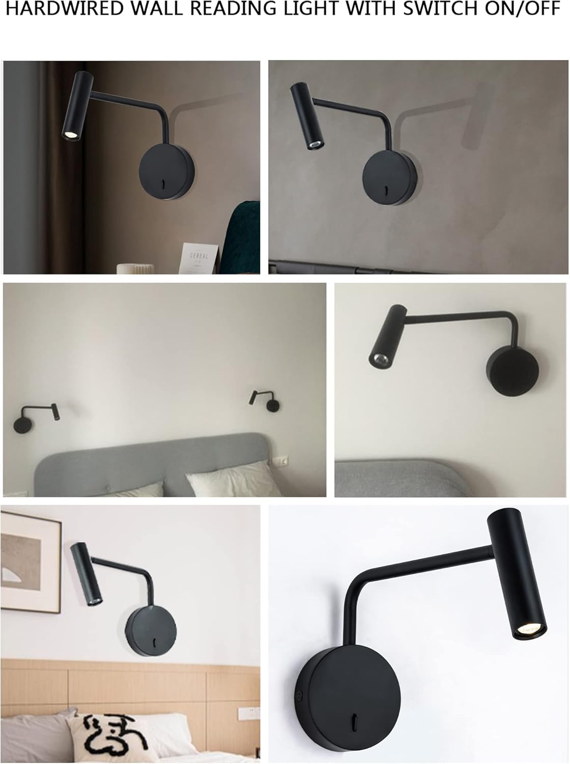 ZEROUNO Wall Mounted Reading Light for Bedroom LED Hardwired Sconce with Switch on/Off Modern 3000K Swing Arm Bedside Wall Mount Lamp (Black)
