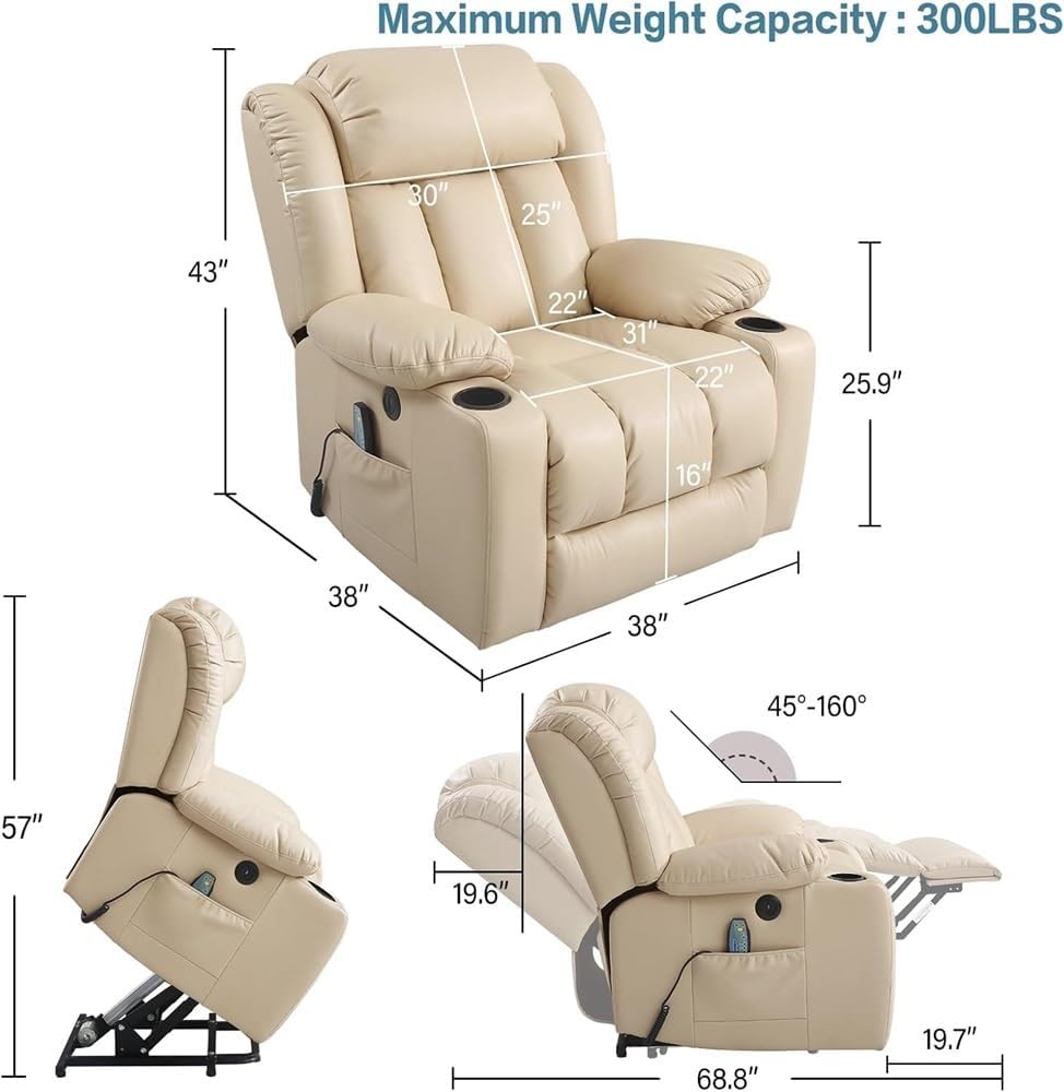 Power Lift Recliner Chair for Elderly, Electric Recliner with Massage and Heat, Infinite Position Adjustable Lift Chair, USB Charging Port, Side Pocket, Living Room Recliner Sofa