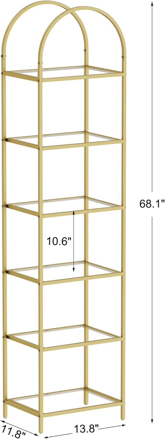 Homhedy Bookshelf Arched Display Racks,Metal Bookcase,Tempered Glass Shelves,Storage Rack Shelf for Home Office,Living Room,Bedroom, Bathroom,Modern Style (Golden, 11.8" D x 13.8" W x 68.1" H)