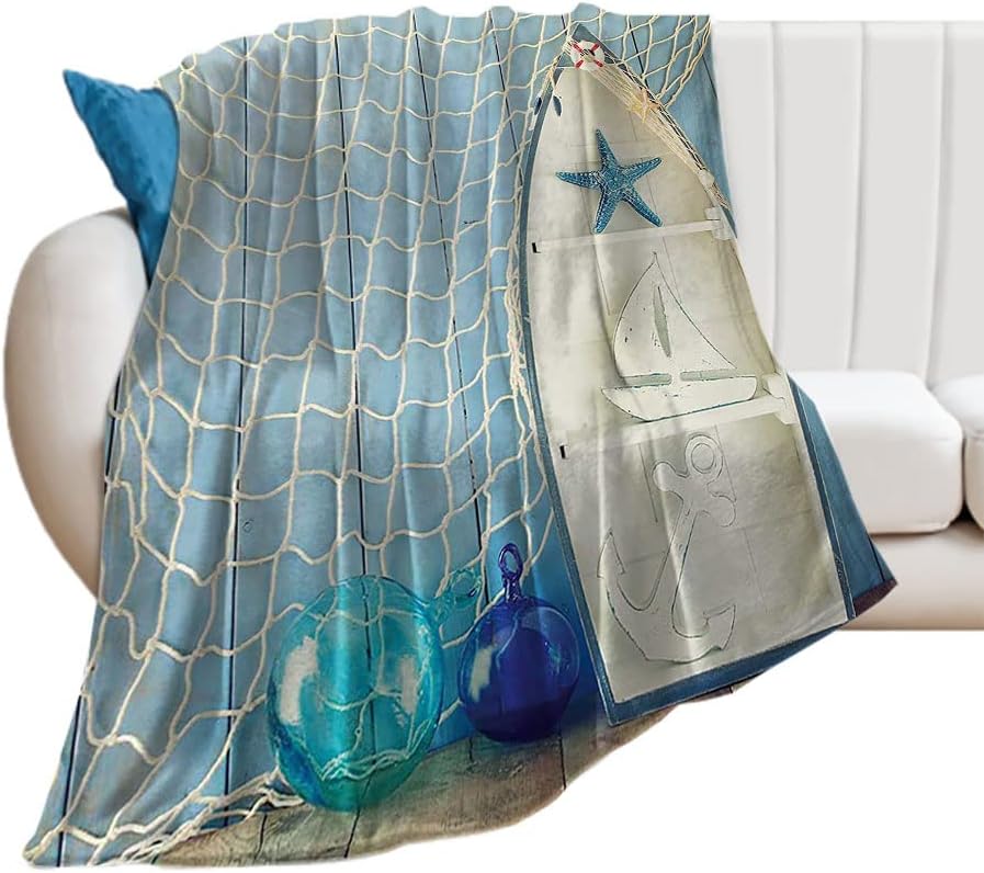 Print Blanket, Sea Objects on Wooden Backdrop with Vintage Boat, Soft WarmNautical Soft and Cozy Throw Blankets, 40 x 50inches, Suitable The Journey Decoration Living Room, Office, Blue White
