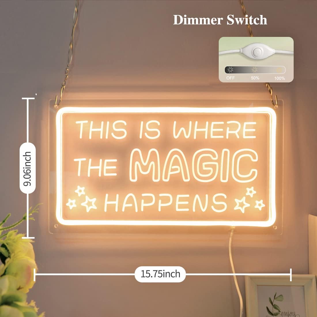 Britrio This Is Where The Magic Happens Neon Sign Light Bedroom Dorm Office Wall Decor Light Up Word Neon Sign Home Bar Club Cafe Shop Salon Man Cave Window Wedding Birthday Party Gift 5V USB Warm White