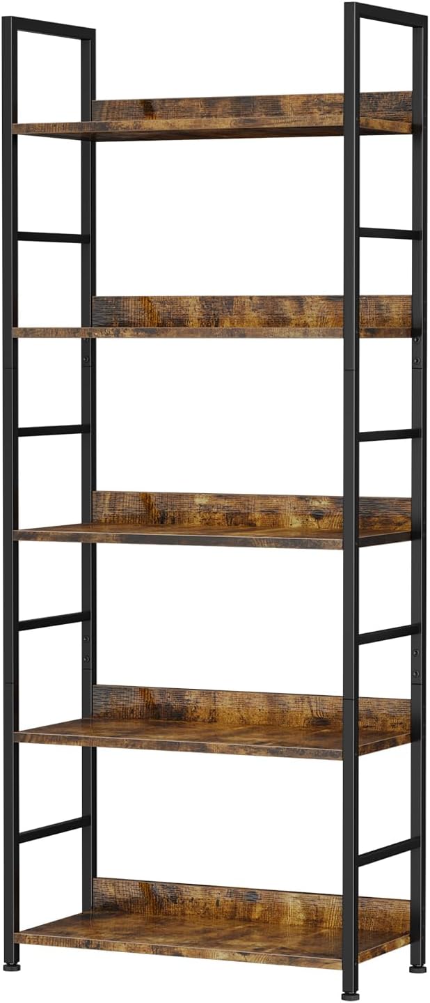 Bookshelf, 5 Tier Industrial Bookcase, Vertical Tall Bookshelf, Wood and Black Metal Open Shelves, Farmhouse Storage Rack for Living Room, Home Office, Bedroom, Rustic Brown