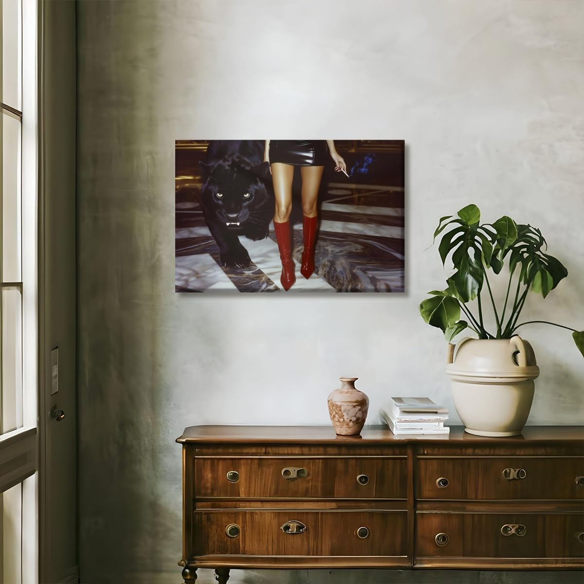 Vintage Trendy Red Boots Wall Art Retro Leopard Canvas Fashion Poster Luxurious Aesthetics Chic Cool Girl picture Print Preppy Room Home Wall Decor 8x12inch Unframed