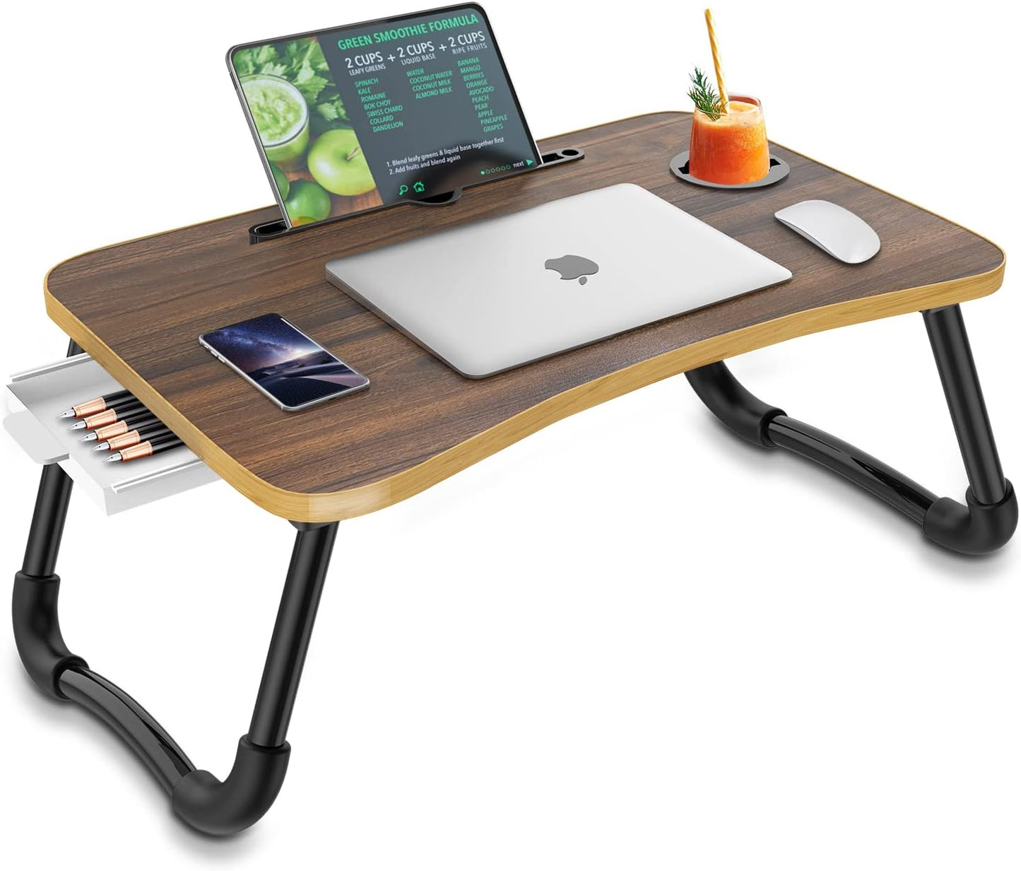 Zapuno Foldable Laptop Bed Table Multi-Function Lap Bed Tray Table with Storage Drawer and Water Bottle Holder, Serving Tray Dining Table with Slot for Eating, Working on Bed/Couch/Sofa