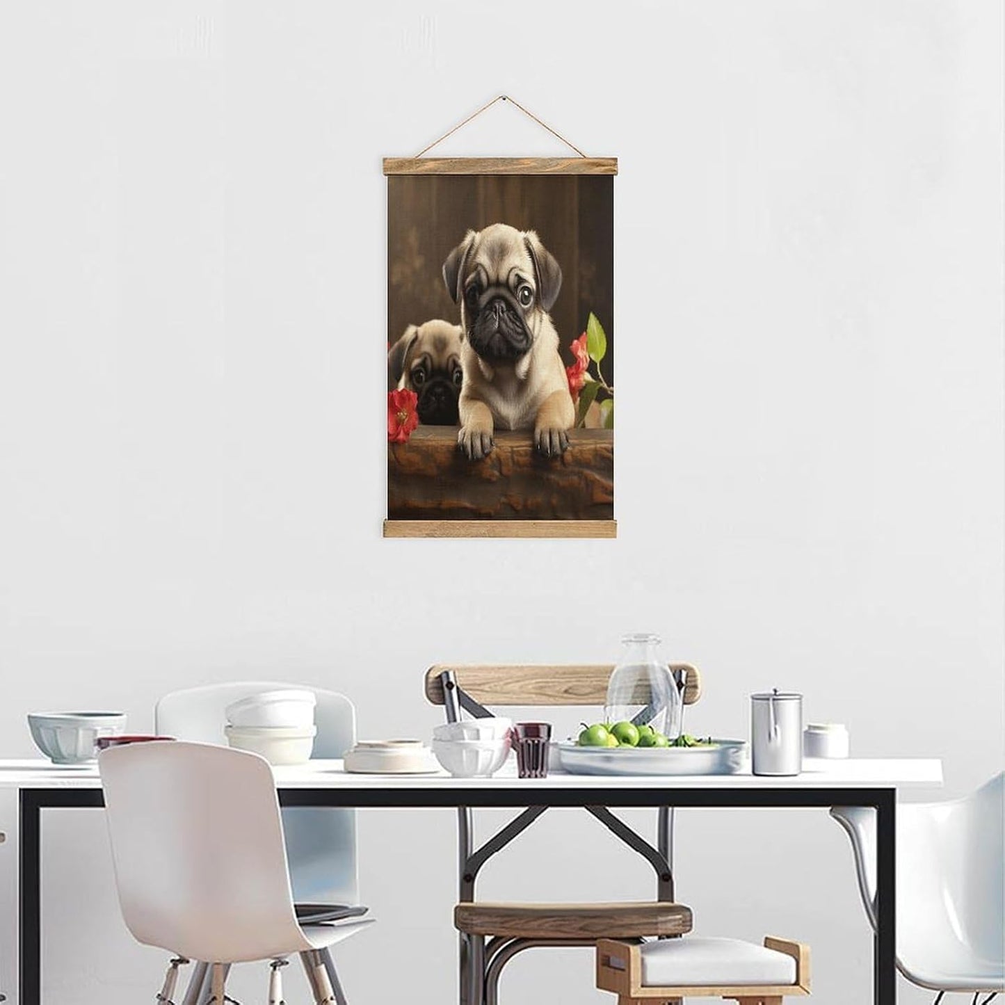 Vintage Puppys Pug Poster with Wooden Frame Personalized Linen Hanging Scroll Painting Rustic Wall Hanging Illustrative Modern Artwork Decor for Home Living Room Bedroom Office
