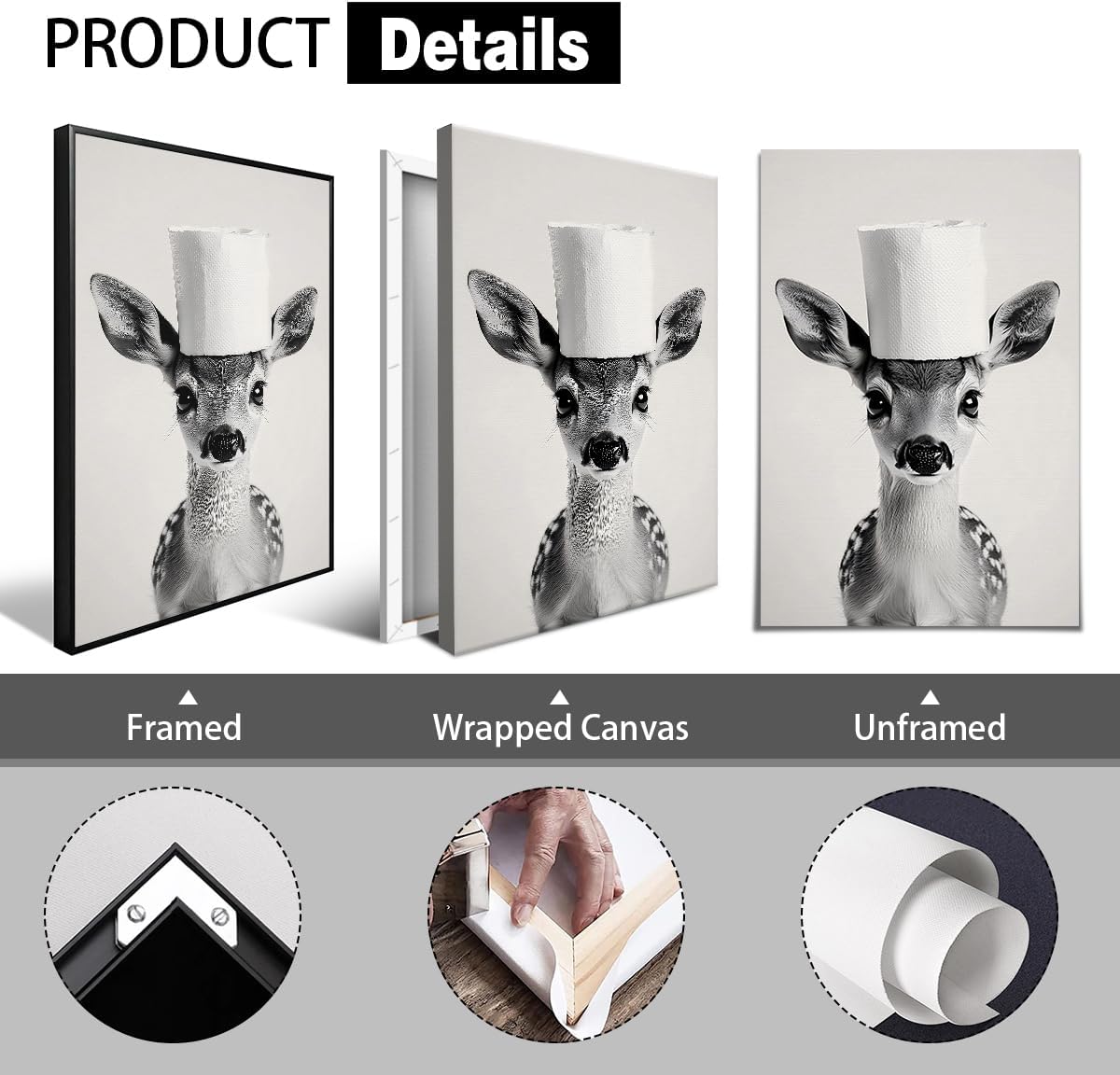 XMJJQQ Funny Animal Bathroom Canvas Wall Art, Deer Overhead Toilet Paper Roll Poster, Black and White Restroom Wall Print, Funky Modern Guestroom Animal Painting Picture Wall Decor 8x12in Unframed
