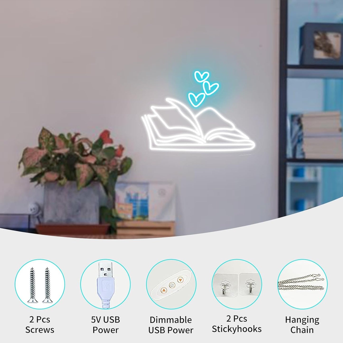 Book LED Neon Sign - Dimmable USB Wall Art 15.7x13.4 Inches - Reading Corner Decor for Home Library, Bedroom, Cafe
