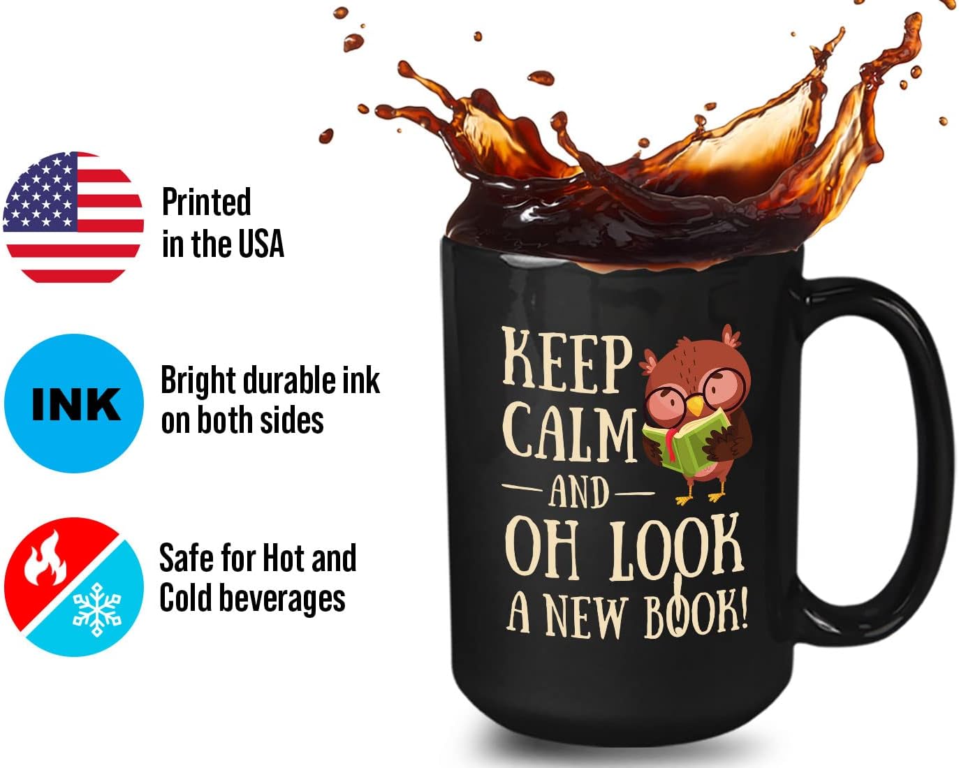 Bubble Hugs Book Lover Coffee Mug 15oz Black - Keep Calm and Oh New Book - Reading Owl Reader Stack of Books Lover Bookish Novelist Librarian Writer
