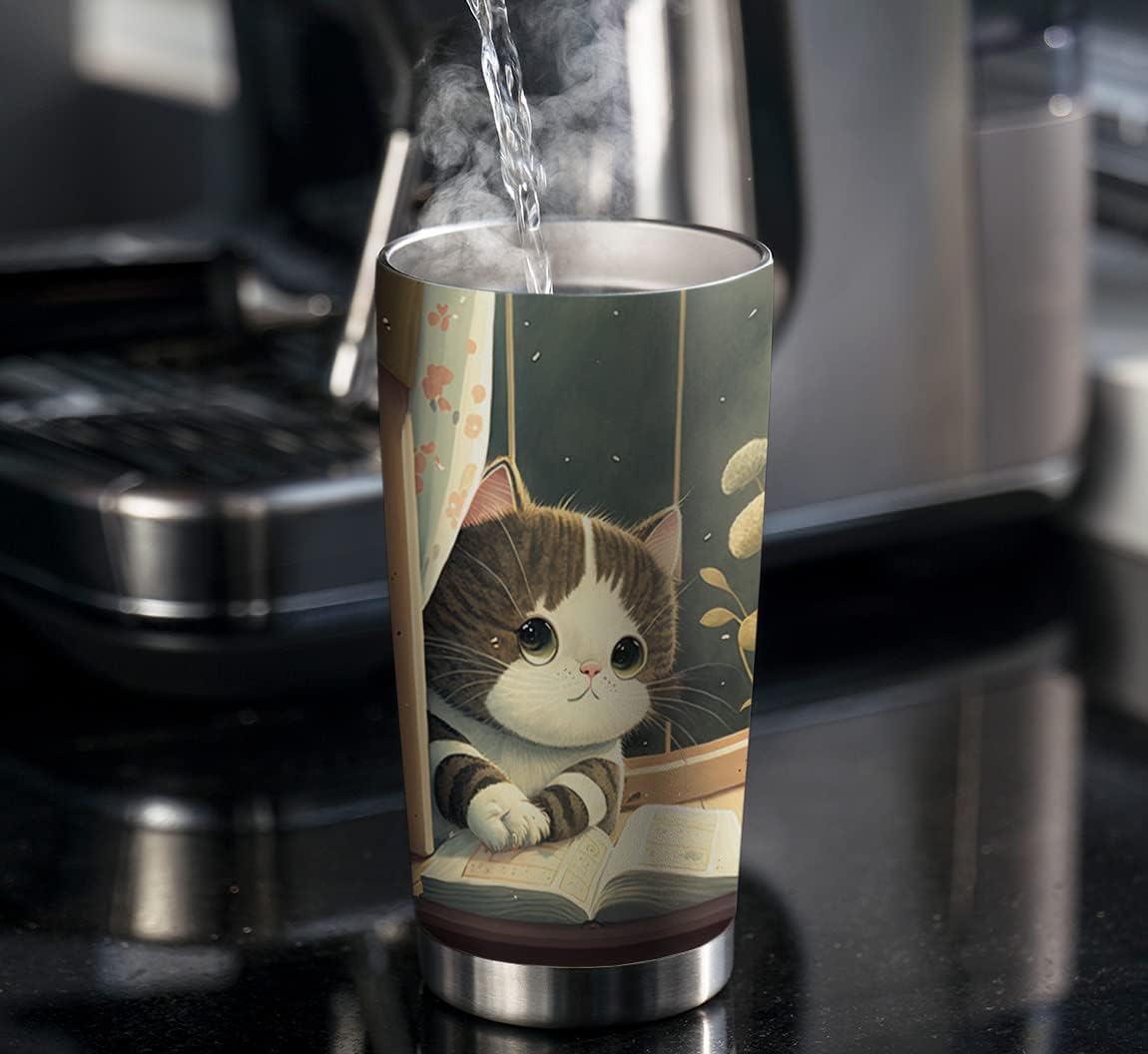 20oz Cute Kitten Books Cat Tumbler, Gifts for Cat Lovers, Librarian, Reading Gifts, Café Tumbler for Women, Stainless Steel Double Wall Vacuum Insulated Coffee Mug, Travel Cup with Lid