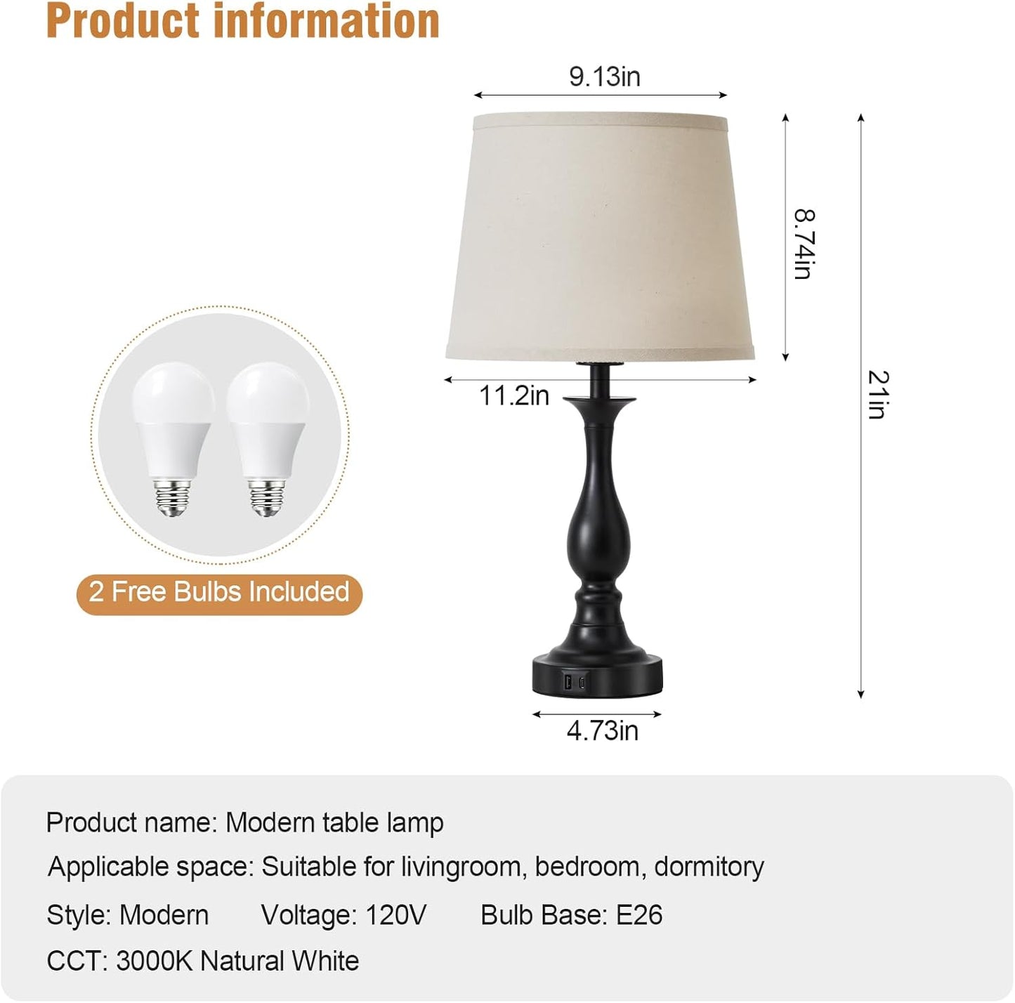 Bedside Table Lamp Touch Control Bedroom Lamps with USB A and C Charging Port 3 Way Dimmable Touch Lamps for Nightstand Living Room Bedroom Dorm Home Office Reading, Set of 2