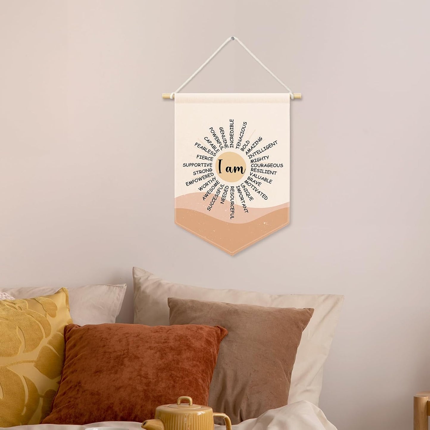 Boho Sun Inspirational Kids Room Decor, Nursery I Am Strong Amazing Banner Canvas, Positive Classroom Wall Hanging Frame Decor Art Pennant Flag for Playroom Toddler Room Preschool 11x15in