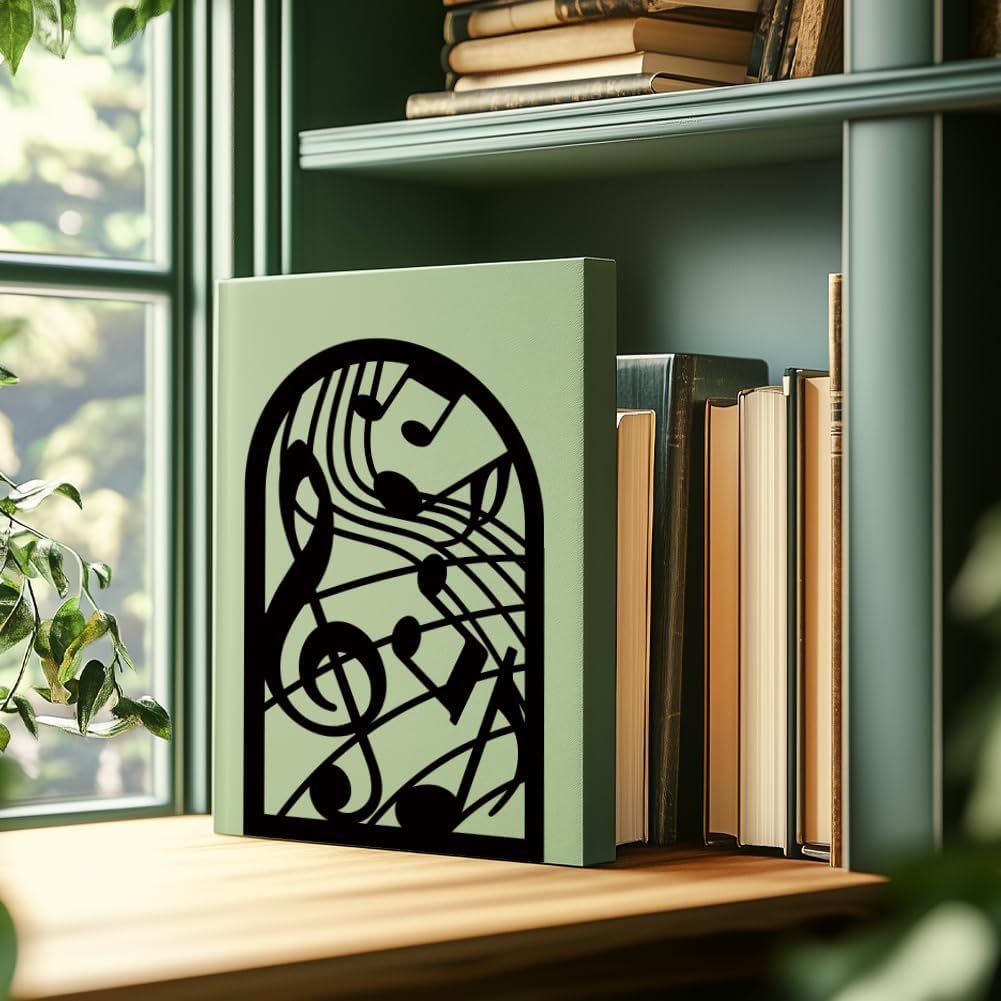 Musical Metal Book Ends Non-Skid Black Unique Bookend Decorative Heavy Book Ends for Shelves Heavy Duty Study Book Support Stoppers for Desk Musical Note 7x4.7x3.5 inch 1 Pairs/2 Pcs