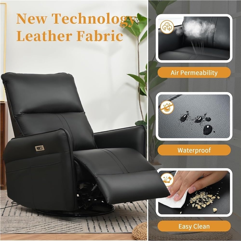 Power Swivel Rocker Recliner Chair with USB Ports, 270° Swivel Glider Recliner Chair for Small Spaces, Comfor Upholstered Electric Recliner Chair, Living Room Reclining Sofa