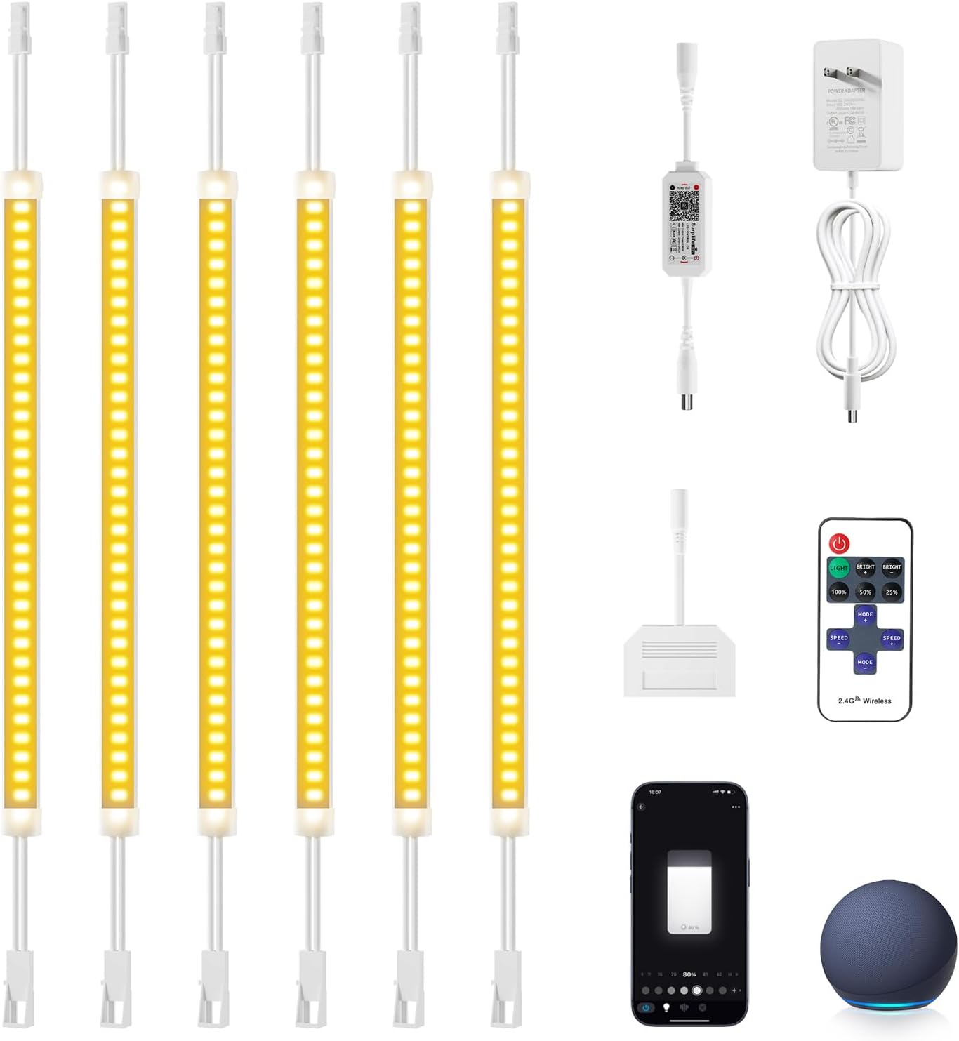Silicone Under Cabinet Lighting Kit, 12 Inch Linkable LED Strip Lights Work with Alexa, Dimmable, Remote Control, Smart App, 6 Pack White Light for Closet, Shelf, Workbench, Desk (Warm White)