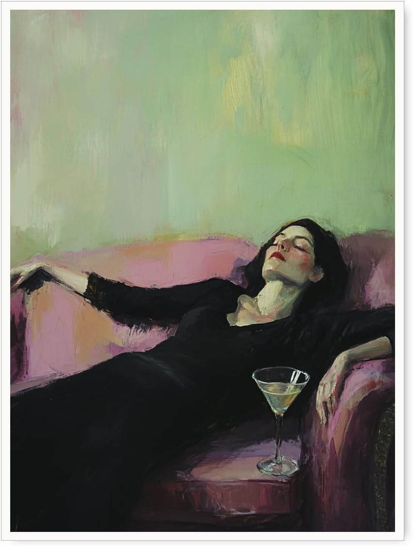 Vintage Feminine Canvas Wall Art Impressionist Woman on Pink Sofa Martini Glass Painting Print Posters for Chic Bedroom Lounge Dressing Room Art Wall Decor Poster 11x14in Unframed