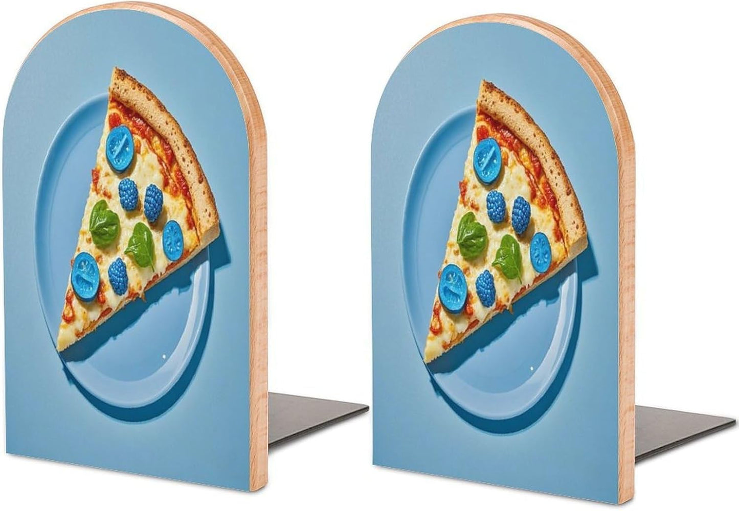 Light Blue Pizza Slice Bookends 1 Pair Heavy Duty Book Ends for Shelves Non-Skid Bookend Supports Wooden Book Holders with Metal Base Desk Organizers Books Storage to Hold Books