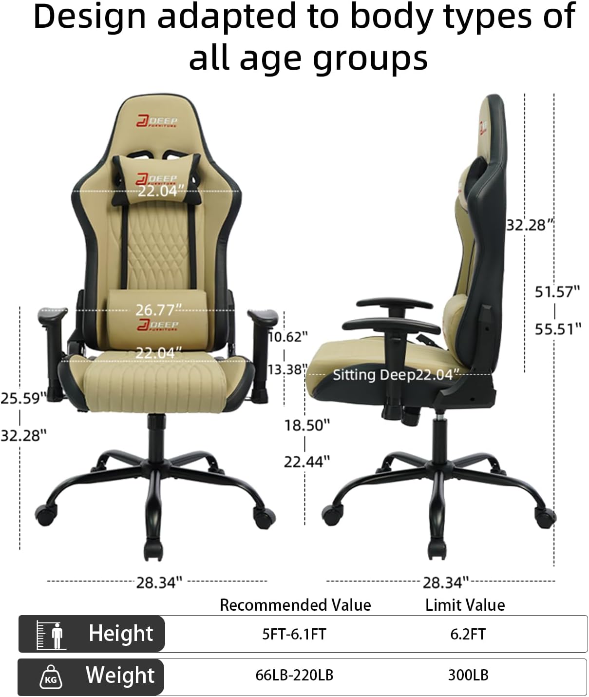 Video Game Chair Ergonomic Comfortable Gaming Office Chair Height-Adjustable with a 360° Swivel Base and Headrest(1002-Beige)